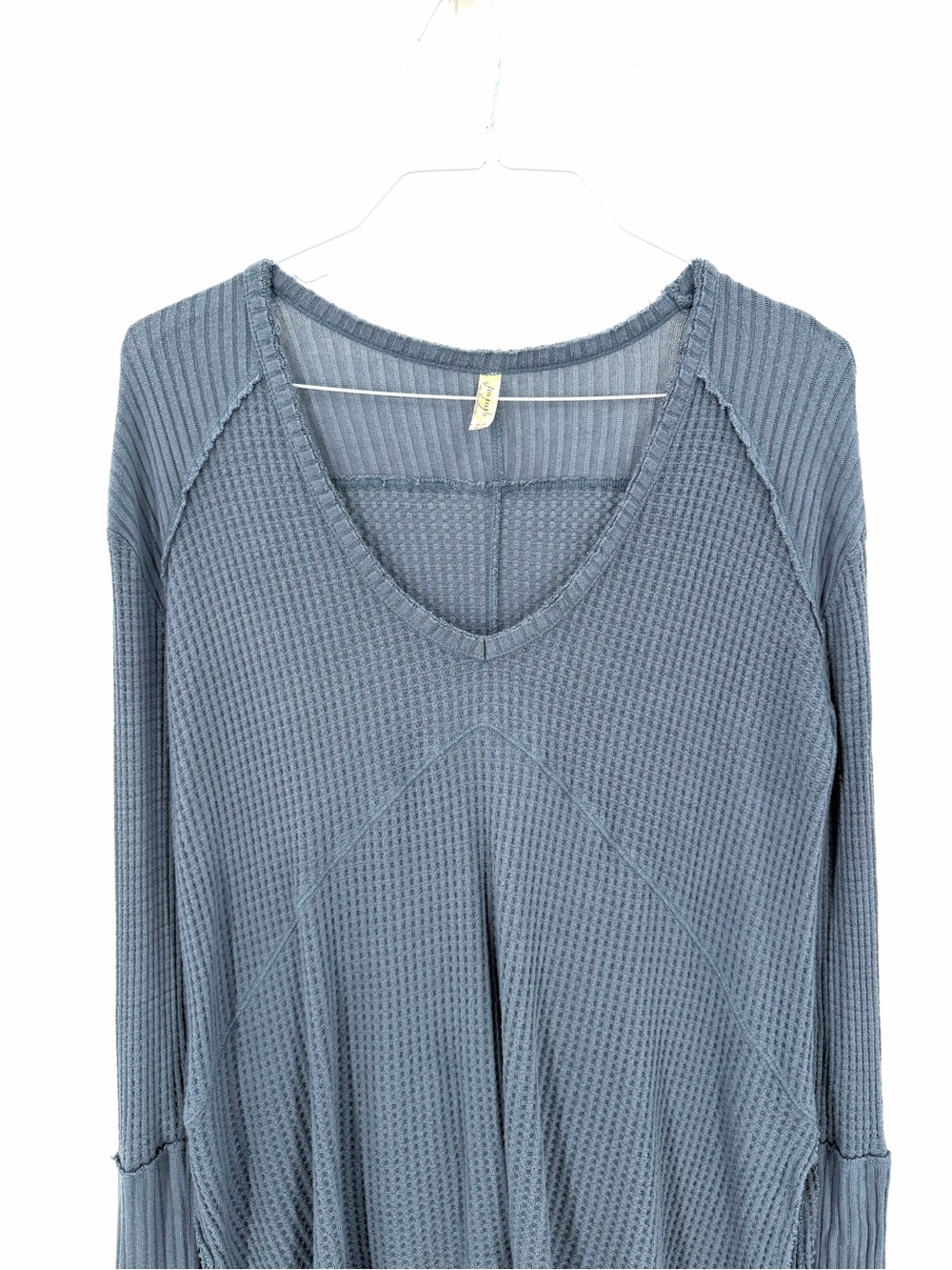 Free People Blue Gray Sunset Park Drippy Thermal Waffle Knit Oversized Shirt Top - Picture 6 of 8
